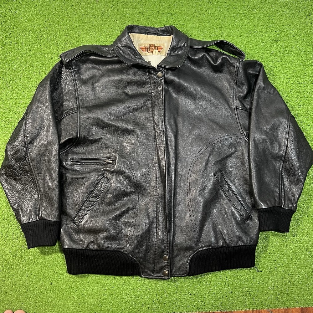 Vintage Leather Bomber Jacket LG Black Map Lining Flight Jacket EUC Leather